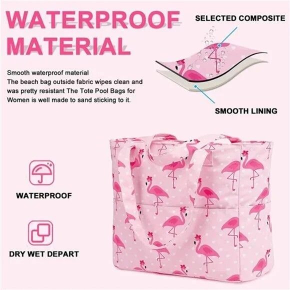 WATERPROOF Beach Tote Pool Bags for Women Flamingo-Pink - Picture 2 of 7